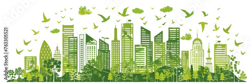 Illustration of a green, eco-friendly city skyline with birds in flight, symbolizing urban sustainability and environmental consciousness.
