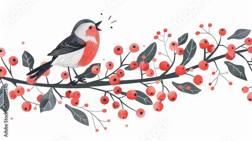 This is a Christmas decoration design, featuring a cute bird singing on a berry branch and mistletoe on a white background. photo