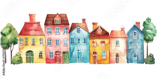 A charming watercolor painting vector featuring a row of colorful, whimsical houses with trees, evoking a storybook neighborhood vibe. 