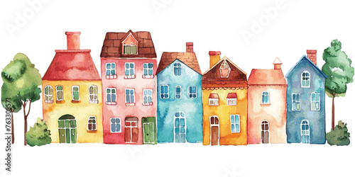 A charming watercolor painting vector featuring a row of colorful, whimsical houses with trees, evoking a storybook neighborhood vibe.
