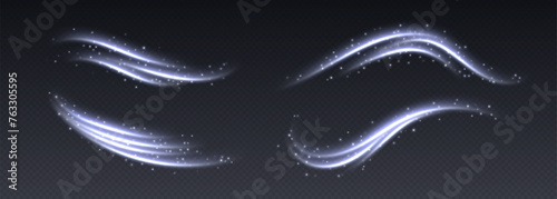 Air flow effect, winter freezing swirls, glowing light trails, cold wind with snow. Icy vapour overlay. Glowing twirls and swirls with stars. Abstract luminescent curves. Christmas vector decoration.
