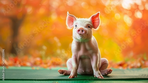 Adorable pig executing Trikonasana pose, on a soft green mat with a warm, orangehued background for a calming effect