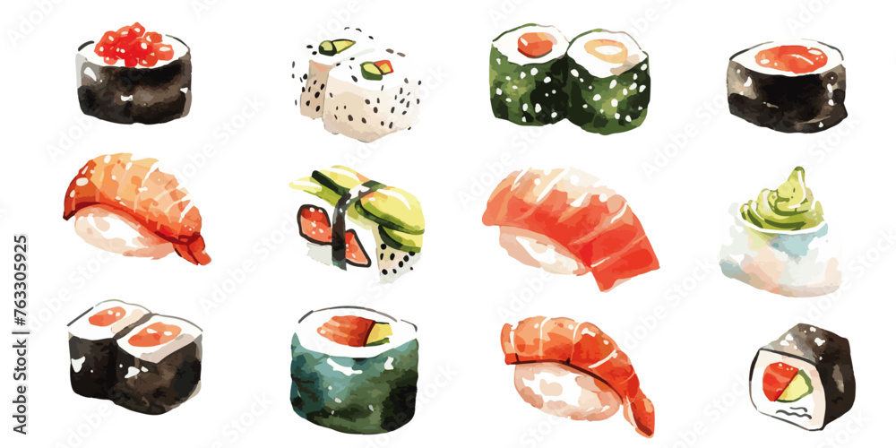 cute watercolor vector of a sushi set