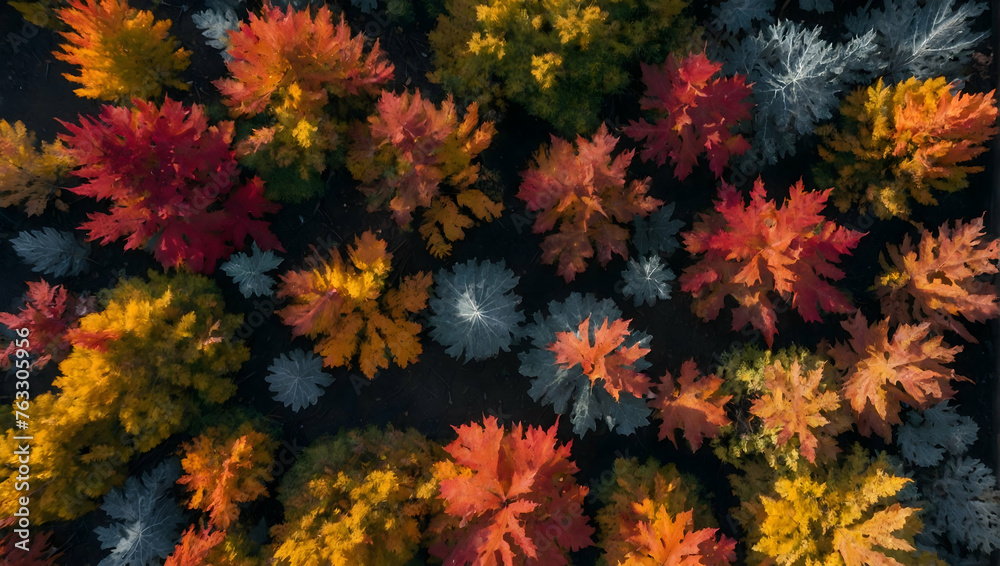 Photo real with nature theme for Crimson Woods concept as Autumnal forests with a burst of red and orange foliage from above ,Full depth of field, clean light, high quality ,include copy space, No no Photo real with nature theme for Crimson Woods concept as Autumnal forests with a burst of red and orange foliage from above ,Full depth of field, clean light, high quality ,include copy space, No no