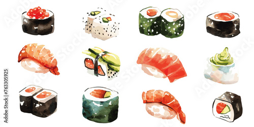 cute watercolor vector of a sushi set