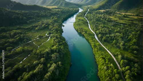 Photo real with nature theme for Emerald Valleys concept as A drones eye view of lush green valleys crisscrossed by sparkling rivers ,Full depth of field, clean light, high quality ,include copy spac