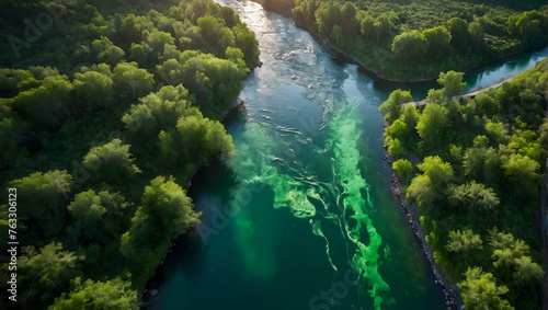 Photo real with nature theme for Emerald Valleys concept as A drones eye view of lush green valleys crisscrossed by sparkling rivers  ,Full depth of field, clean light, high quality ,include copy spac