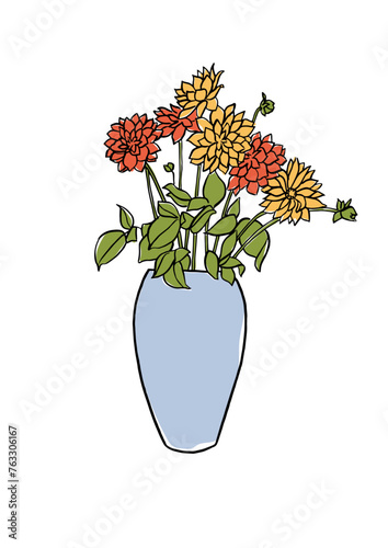 Vector illustration - colorful sketch with red and yellow chrysanthemums flowers with vase . Art for for prints, wall art, banner, background