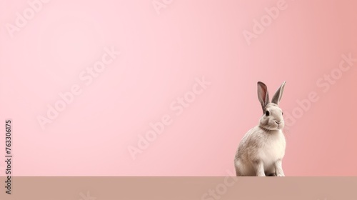 Gray bunny on a pink background. Minimalism style. Concert Easter symbols. Horizontal orientation.
