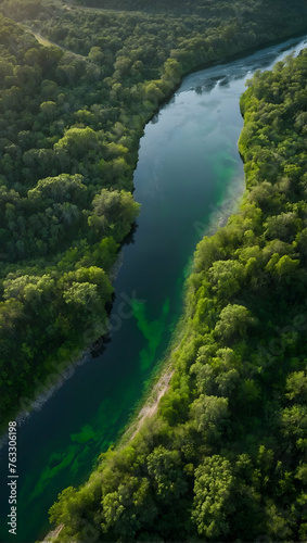 Photo real with nature theme for Emerald Valleys concept as A drones eye view of lush green valleys crisscrossed by sparkling rivers ,Full depth of field, clean light, high quality ,include copy spac