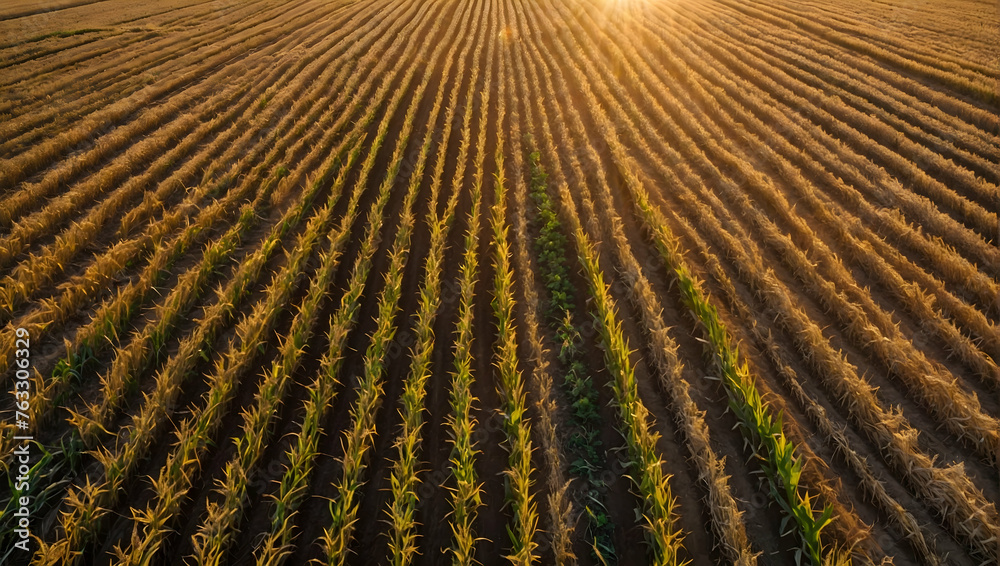 Photo real with nature theme for Golden Harvest concept as Aerial shot of farmlands with patterns of harvest-ready crops at sunset  ,Full depth of field, clean light, high quality ,include copy space,