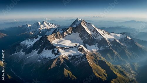 Photo real with nature theme for Mountain Majesty concept as Snow-capped peaks seen from above with clouds casting shadows over the terrain  ,Full depth of field, clean light, high quality ,include co