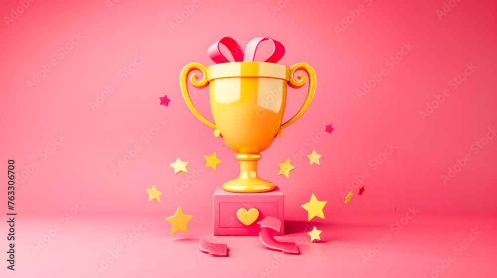 Trophy Cup with Red Ribbons on Podium. Trophy Cup with Red Ribbons on Podium.