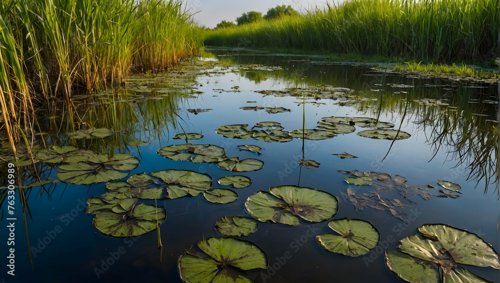 Photo real with nature theme for Wetland Web concept as A complex network of waterways in a wetland teeming with life ,Full depth of field, clean light, high quality ,include copy space, No noise, cr Photo real with nature theme for Wetland Web concept as A complex network of waterways in a wetland teeming with life ,Full depth of field, clean light, high quality ,include copy space, No noise, cr