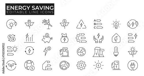 Energy Saving Line Editable Icons set. Includes Solar Energy, Green Planet, Nuclear Plant, Energy Production, Energy Costs, Power Consumption Level, Green House and more.