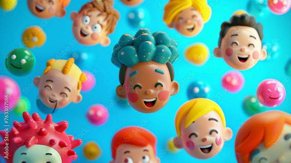 Playful 3D avatars with cute toy faces in dynamic action, showcased on a random color spectrum backdrop Playful 3D avatars with cute toy faces in dynamic action, showcased on a random color spectrum backdrop