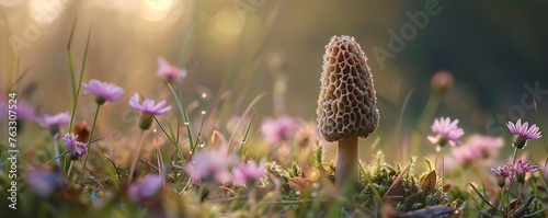 A closeup of an upright morel mushroom standing in a meadow with soft pink flowers. banner size. morning. mushroom hunting photo