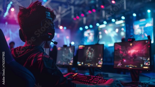 gamer with headset and multiple monitors in neon cyberspace  phygital games  cyber sport  esports