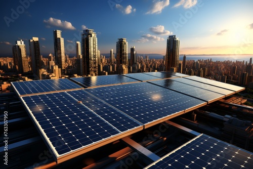 Fototapeta Naklejka Na Ścianę i Meble -  An urban landscape with a solar panel capturing the glow of the sun against the backdrop of a futuristic skyline.