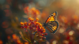 A detailed macro shot of a monarch butterfly perched on a milkweed plant, with its intricate patterns and vibrant colors