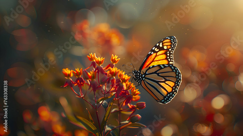 A detailed macro shot of a monarch butterfly perched on a milkweed plant, with its intricate patterns and vibrant colors