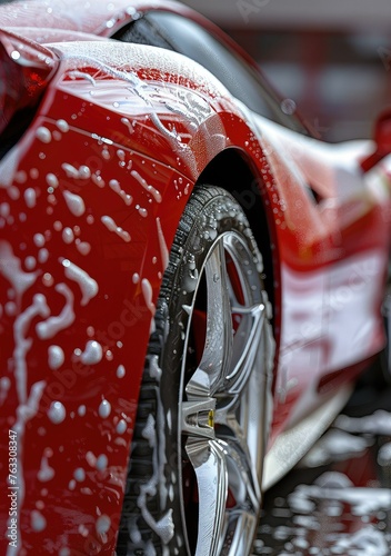 A red sport car with washing foam.