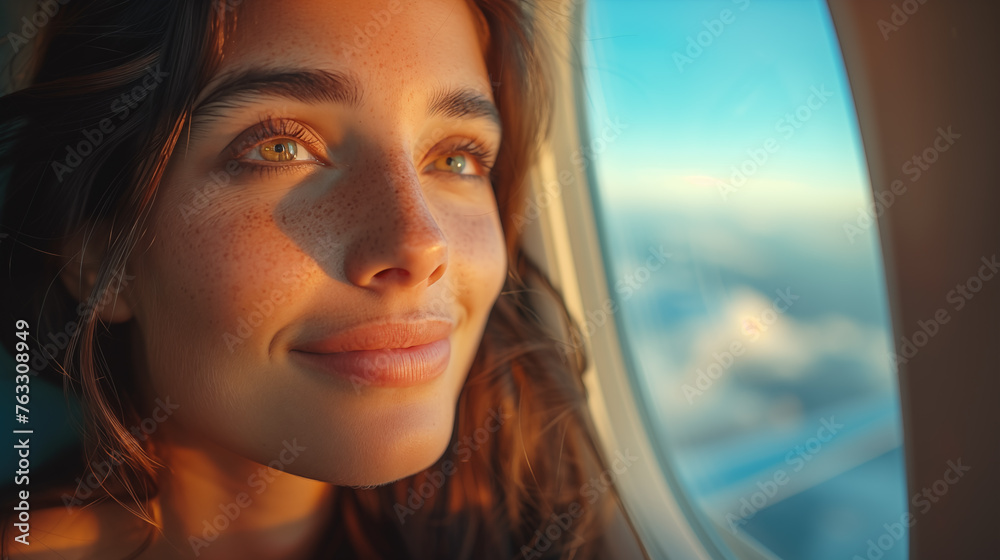 Close-up portrait of a beautiful young woman in an airplane Close-up portrait of a beautiful young woman in an airplane