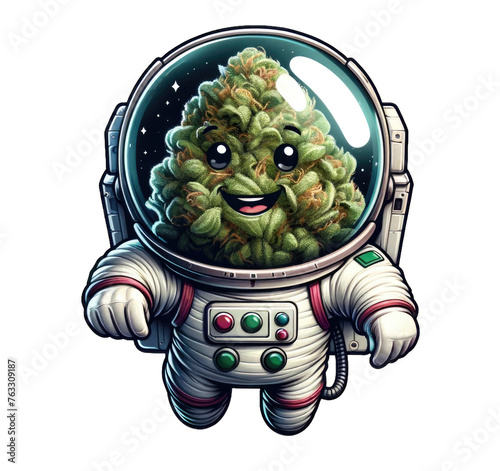 Cannabis cute astronaut character. Cartoonish marijuana hemp bud in in spacesuit isolated on white transparent background. Good for stickers or t-shirt design photo