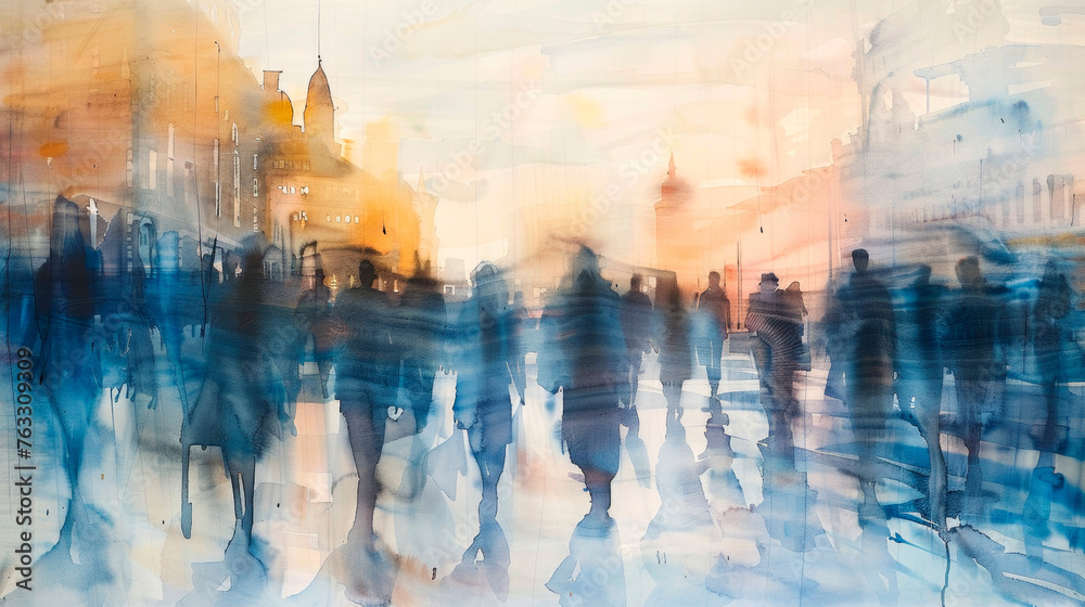 A painting depicting a diverse group of people walking in various directions down a bustling city street. Men, women, and children are shown in different attire. Banner. Copy space - obrazy, fototapety, plakaty 
