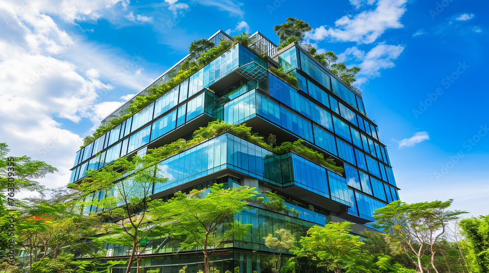 Close up of a modern glass building with green trees in front, depicting a concept of sustainable architecture. An image of a green business office and eco friendly design