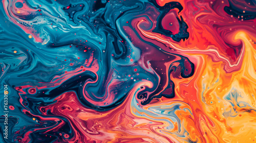 A colorful liquid painting featuring a dynamic display of vibrant hues blending together in mesmerizing swirls and patterns. Banner. Copy space