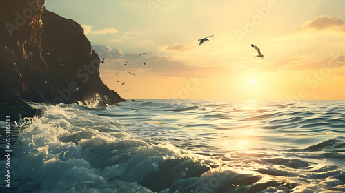 A dramatic sunset over a rugged coastline, with waves crashing against towering cliffs and seagulls soaring overhead