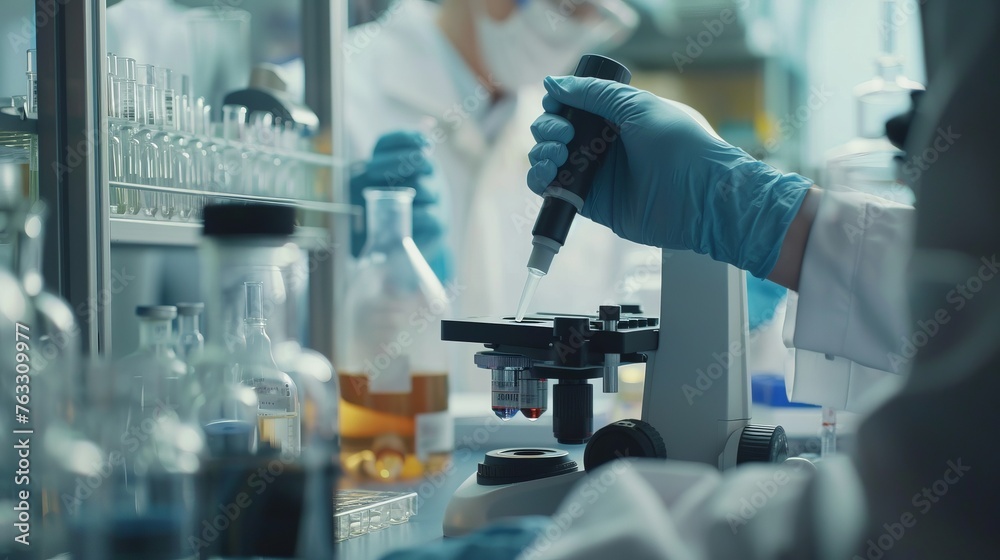 A scientist is working in a lab with a microscope and a pipette A scientist is working in a lab with a microscope and a pipette
