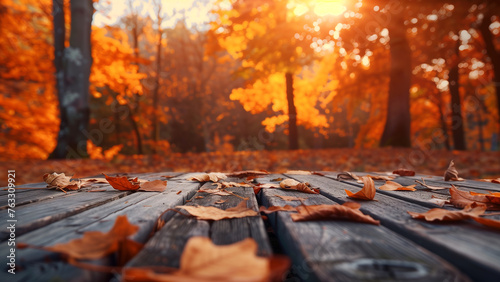 Enchanted Autumn  Wooden Table with Orange Leaves at Forest Sunset