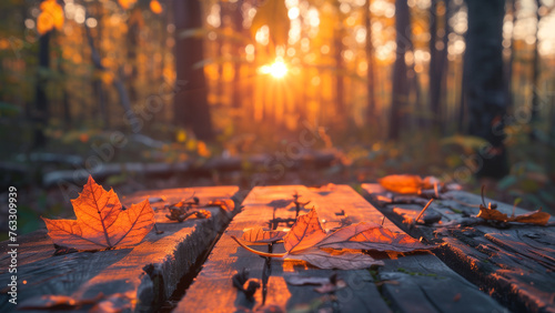Autumnal Sunset: Orange Leaves on Wooden Table in Forest photo