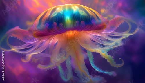 A digital painting of a jelly fish in neon colors © Iqra