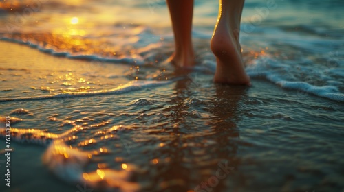 A person s feet are in the water  with the sun setting in the background