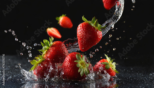 Strawberries fall into the water on elegant black background. Swirl of water and fruit with splashes. photo