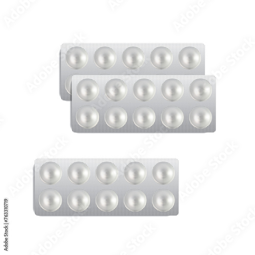Pill Blister 3d Vector Illustration, Capsule Package, Drugs Packaging, Pill Pack, Pharmacy Box, Medicine Capsules Blister on White Background