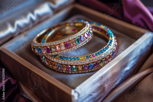 Close-up of ornate gemstone bangles in a stylish presentation box with satin lining photo