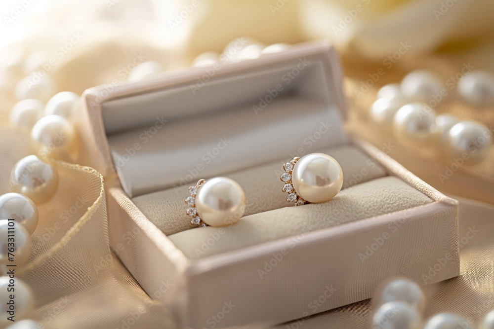 Close-up of pearl earrings adorned with tiny crystals, presented in a luxurious box among silky fabric Close-up of pearl earrings adorned with tiny crystals, presented in a luxurious box among silky fabric