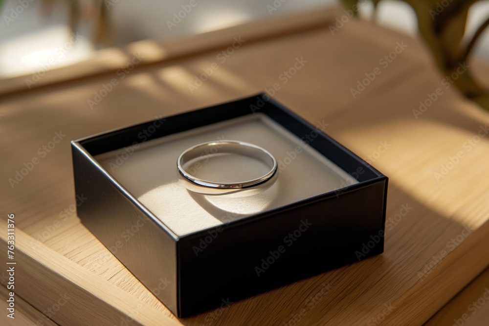 Sunlight casting a warm glow on a simple yet sophisticated wedding ring presented in a stylish box Sunlight casting a warm glow on a simple yet sophisticated wedding ring presented in a stylish box