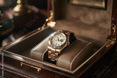 Elegant high-end wristwatch presented on a leather case against a dark, sophisticated backdrop