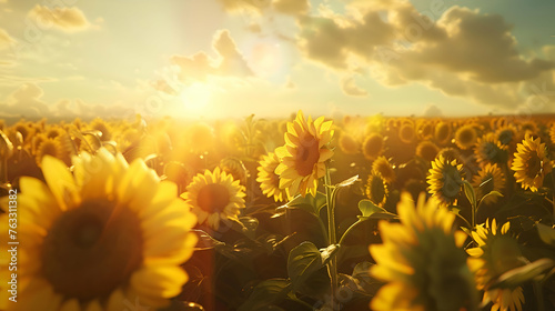 A field of sunflowers basking in the summer sun  with their bright yellow petals turning towards the warmth of the sky