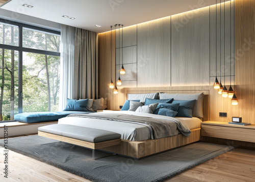 A bedroom with wooden panels on the wall and white walls with light blue accents