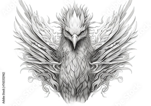 black and white front facing phoenix illustration