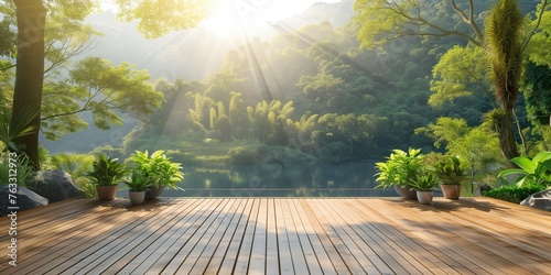 summer wooden terrace with the landscape background