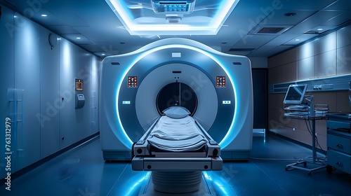 MRI machine in a hospital room with AI technology. Concept Medical Imaging, Hospital Technology, AI Integration