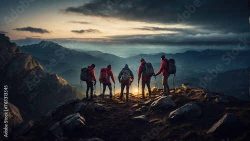 Cooperation concept with multiple people helping each other on a mountain in dark evening photo