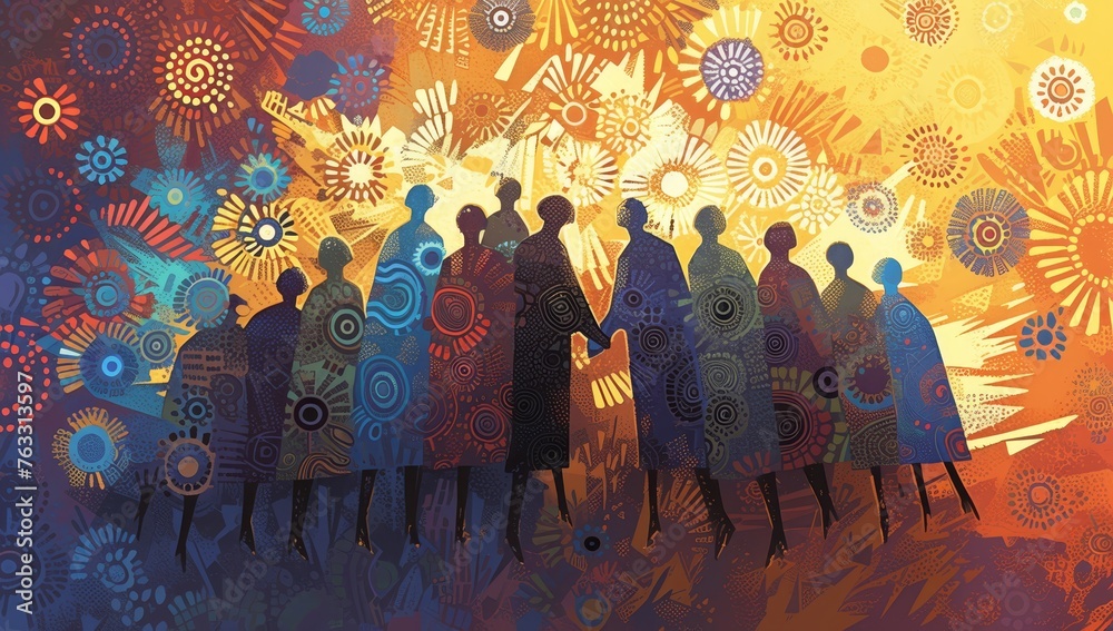 A painting depicting an aboriginal dot art pattern with multiple human figures holding hands in the center of the canvas. 